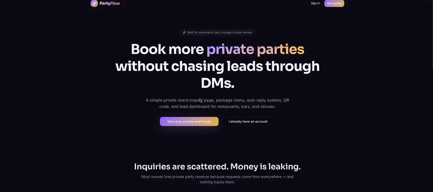 Actual PartyFlow public landing page from the existing demo recording